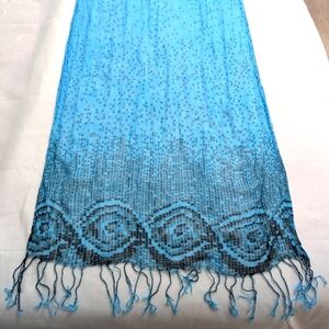 Vibrant Lightweight Turquoise And Black Patterned Oblong Scarf w/ Fringe